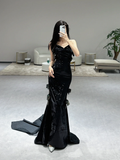 Unique Sexy Mermaid Spaghetti Straps Black Sequin Long Prom Dresses HZ1024
