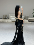 Unique Sexy Mermaid Spaghetti Straps Black Sequin Long Prom Dresses HZ1024