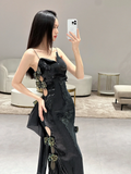 Unique Sexy Mermaid Spaghetti Straps Black Sequin Long Prom Dresses HZ1024