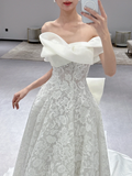 Dreamy Ball Gown Off The Shoulder Satin Tulle Lace Long Wedding Dresses HZ1024