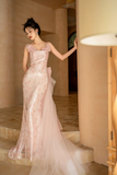 Pretty Mermaid Spaghetti Straps Pink Tulle Sequin Long Prom Dresses HZ1024