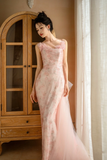 Pretty Mermaid Spaghetti Straps Pink Tulle Sequin Long Prom Dresses HZ1024