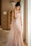 Pretty Mermaid Spaghetti Straps Pink Tulle Sequin Long Prom Dresses HZ1024