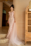 Pretty Mermaid Spaghetti Straps Pink Tulle Sequin Long Prom Dresses HZ1024