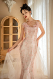 Pretty Mermaid Spaghetti Straps Pink Tulle Sequin Long Prom Dresses HZ1024