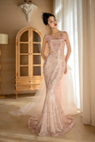 Pretty Mermaid Spaghetti Straps Pink Tulle Sequin Long Prom Dresses HZ1024