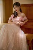 Pretty A Line Off The Shoulder Pink Satin Tulle Sequin Long Prom Dresses HZ1024
