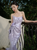 Vintage Mermaid Strapless Lilac Sequin Long Prom Dresses HZ1024