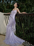 Vintage Mermaid Strapless Lilac Sequin Long Prom Dresses HZ1024