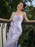 Vintage Mermaid Strapless Lilac Sequin Long Prom Dresses HZ1024
