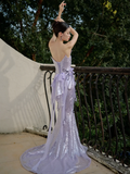 Vintage Mermaid Strapless Lilac Sequin Long Prom Dresses HZ1024