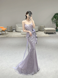 Vintage Mermaid Strapless Lilac Sequin Long Prom Dresses HZ1024