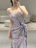 Vintage Mermaid Strapless Lilac Sequin Long Prom Dresses HZ1024