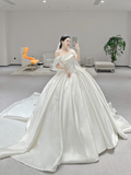 Classy Ball Gown Strapless Satin Pleated Applique With Veil Long Wedding Dresses HZ1024