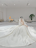 Classy Ball Gown Strapless Satin Pleated Applique With Veil Long Wedding Dresses HZ1024