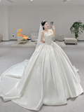 Classy Ball Gown Strapless Satin Pleated Applique With Veil Long Wedding Dresses HZ1024