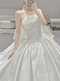Classy Ball Gown Strapless Satin Pleated Applique With Veil Long Wedding Dresses HZ1024