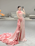 Stunning Mermaid Halter Pink Satin Flowers Long Prom Dresses HZ1024
