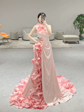 Stunning Mermaid Halter Pink Satin Flowers Long Prom Dresses HZ1024