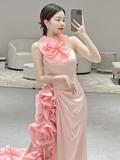 Stunning Mermaid Halter Pink Satin Flowers Long Prom Dresses HZ1024