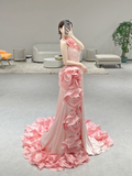 Stunning Mermaid Halter Pink Satin Flowers Long Prom Dresses HZ1024
