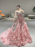 Gorgeous A Line Spaghetti Straps Satin Sequin Long Prom Dresses HZ1024