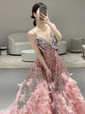 Gorgeous A Line Spaghetti Straps Satin Sequin Long Prom Dresses HZ1024