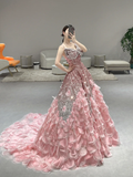 Gorgeous A Line Spaghetti Straps Satin Sequin Long Prom Dresses HZ1024