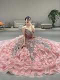 Gorgeous A Line Spaghetti Straps Satin Sequin Long Prom Dresses HZ1024