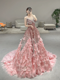 Gorgeous A Line Spaghetti Straps Satin Sequin Long Prom Dresses HZ1024