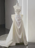 Elegant A Line Strapless Satin Beaded Pleated Long Wedding Dresses HZ1024