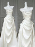 Elegant A Line Strapless Satin Beaded Pleated Long Wedding Dresses HZ1024