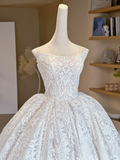 Vintage Ball Gown Strapless White Tulle Lace Long Wedding Dresses HZ1024