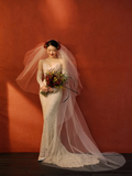 Dreamy Mermaid Strapless Satin Lace With Sleeves Long Wedding Dresses HZ1024