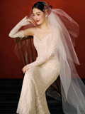 Dreamy Mermaid Strapless Satin Lace With Sleeves Long Wedding Dresses HZ1024