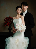 Elegant Mermaid Strapless Satin Tulle With Veil Long Wedding Dresses HZ1024