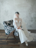 Classy Mermaid Off The Shoulder Satin Lace With Veil Long Wedding Dresses HZ1024