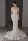 Dreamy Mermaid Low Collar Tulle Lace Long Sleeves Long Wedding Dresses HZ1024