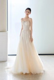 Vintage A Line Spaghetti Straps Tulle Applique Long Wedding Dresses HZ1024
