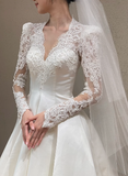 Elegant Ball Gown V Neck Satin Lace Long Sleeves With Veil Long Wedding Dresses HZ1024