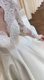 Elegant Ball Gown V Neck Satin Lace Long Sleeves With Veil Long Wedding Dresses HZ1024