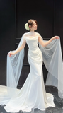Elegant Mermaid Strapless White Chiffon Tulle Long Wedding Dresses HZ1024