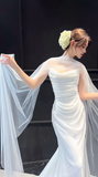 Elegant Mermaid Strapless White Chiffon Tulle Long Wedding Dresses HZ1024