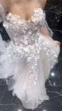 Pretty A Line Off The Shoulder Tulle Applique Long Wedding Dresses HZ1024
