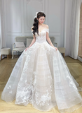Dreamy A Line Off The Shoulder Tulle Applique Long Wedding Dresses HZ1024
