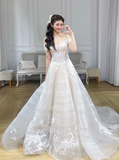 Dreamy A Line Off The Shoulder Tulle Applique Long Wedding Dresses HZ1024