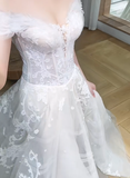 Dreamy A Line Off The Shoulder Tulle Applique Long Wedding Dresses HZ1024
