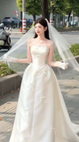 Elegant A Line Strapless Satin Bow With Veil Long Wedding Dresses HZ1024