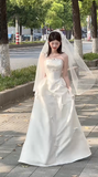 Elegant A Line Strapless Satin Bow With Veil Long Wedding Dresses HZ1024