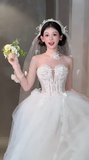 Pretty A Line Strapless Tulle Applique With Veil Long Wedding Dresses HZ1024